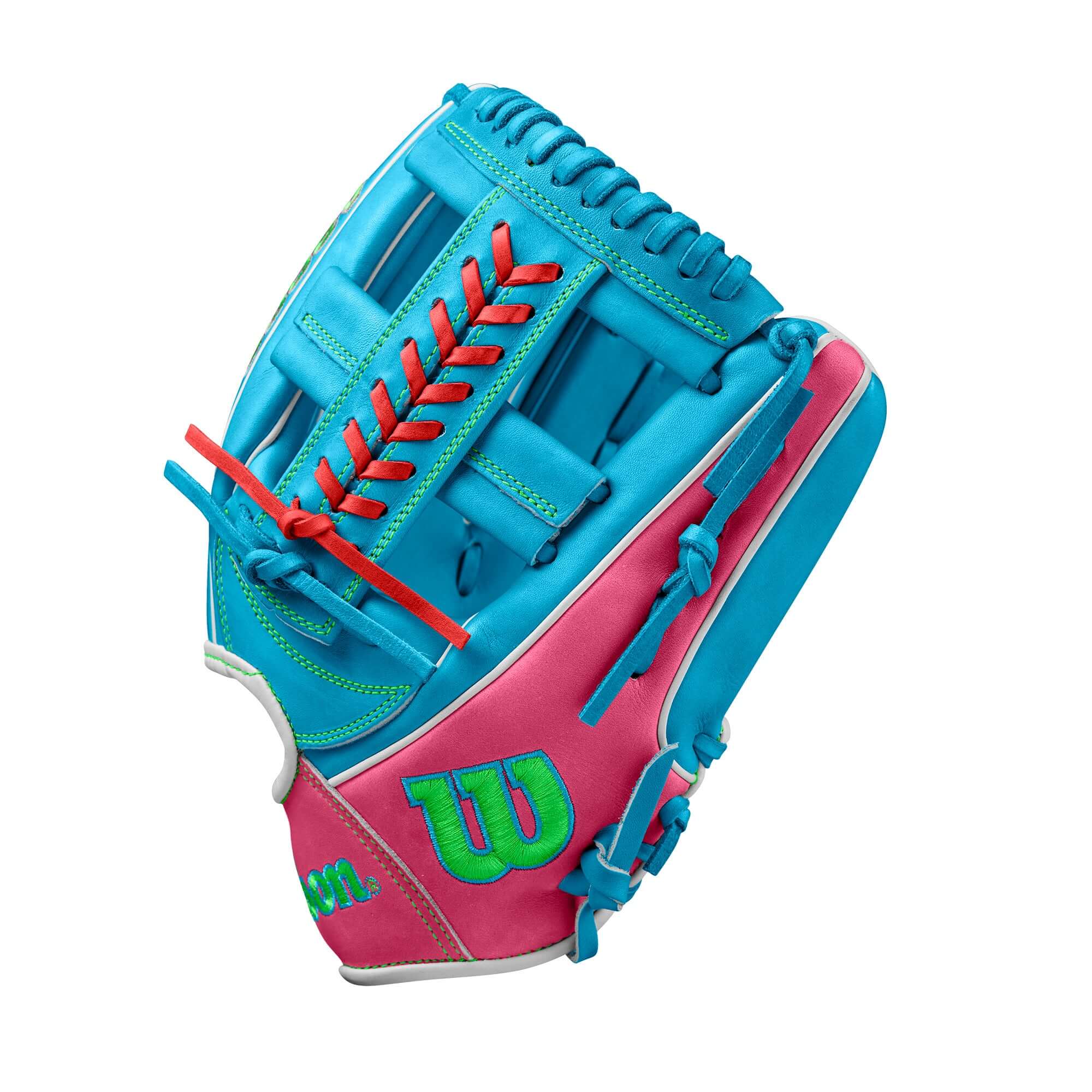 Wilson A2000 1785 11.75 Infield Glove, Sky Blue with Single Post Web & Flamingo Pink lace, Fall 2024 Model.