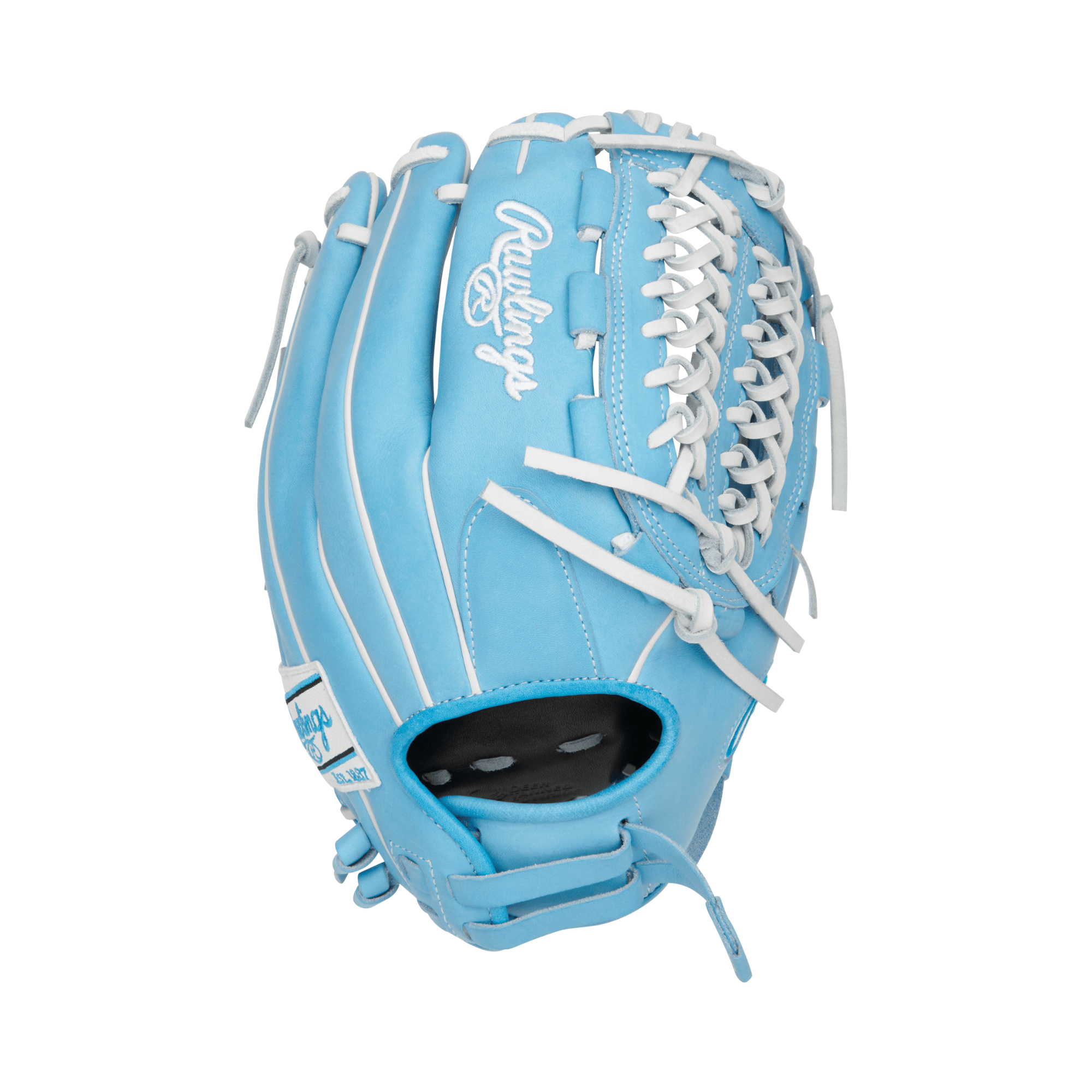 Rawlings Heart of the Hide Series Softball Glove in Columbia Blue, 12.5 inches, designed for right-hand throwers.