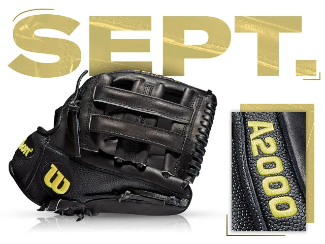 Wilson A2000 DW5 SS glove with gold accents, featuring bold "SEPT." text for September 2019 custom edition.