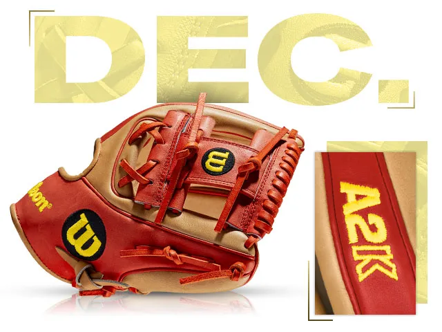 Wilson A2K 1786 glove featuring Sweet Lou branding, celebrating December 2015 with a vibrant red and yellow design.