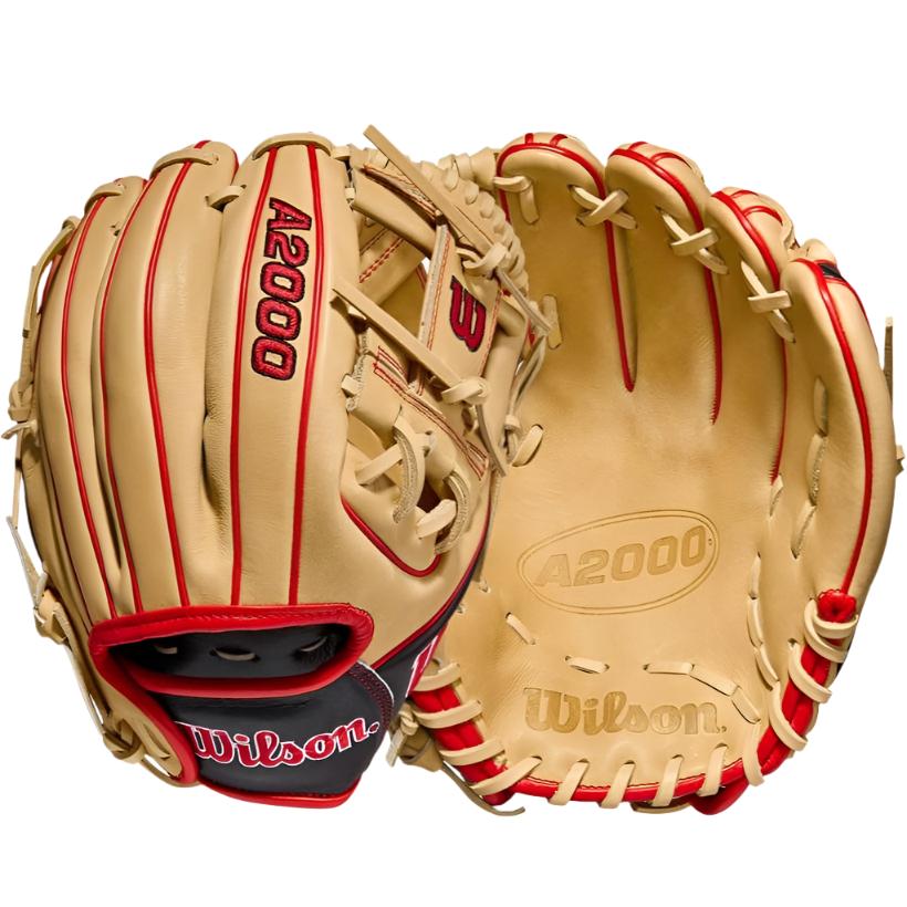 Wilson A2000 DP15 11.5 Glove with H-Web for quick transfers, Blonde/Black/Red.