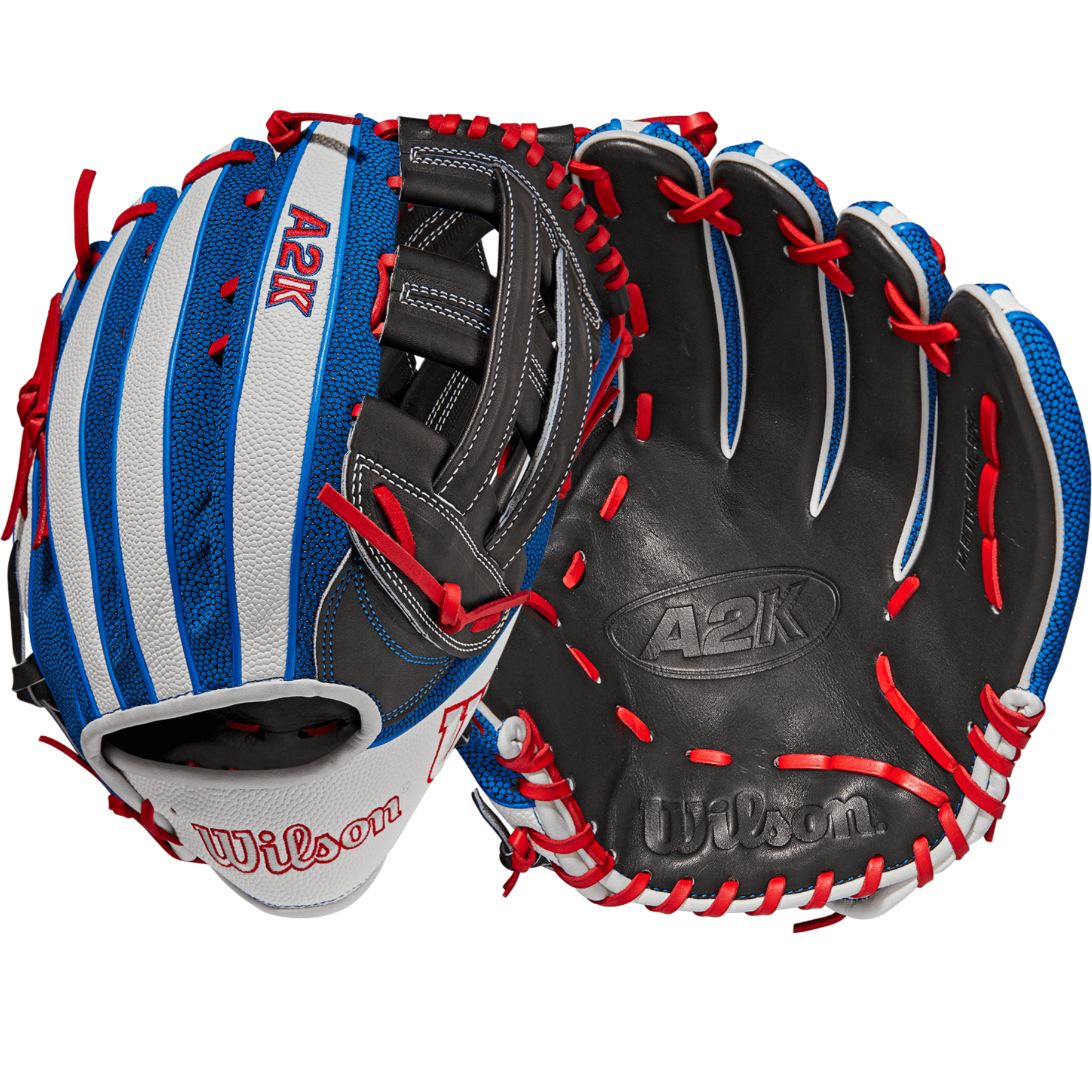 Wilson A2K Mookie Betts 12.5 outfield glove, Black/White/Royal/Red, Pro Stock Leather, Dual Post Web.