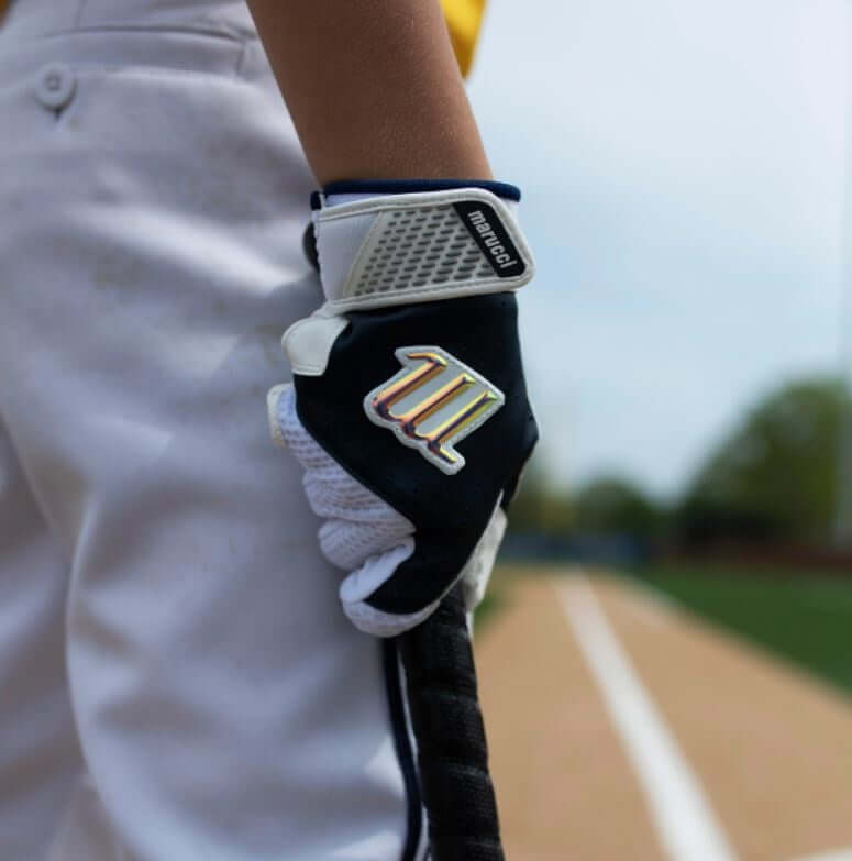 Marucci Youth Crest Batting Glove with durable synthetic palm and dimpled mesh back