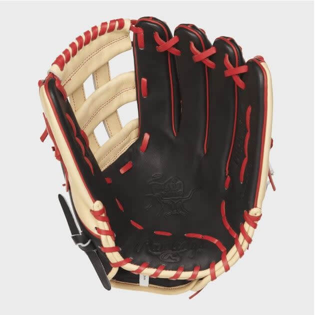 Rawlings Heart of the Hide Bryce Harper Series 13 Pro H Web glove, black, camel, and red, 00-inch, for outfielders