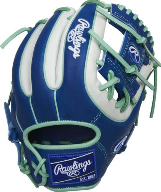 Rawlings Heart of the Hide R2G 11.5-inch I-web glove with mint laces, royal/white design, and ultra-premium steer-hide leather.