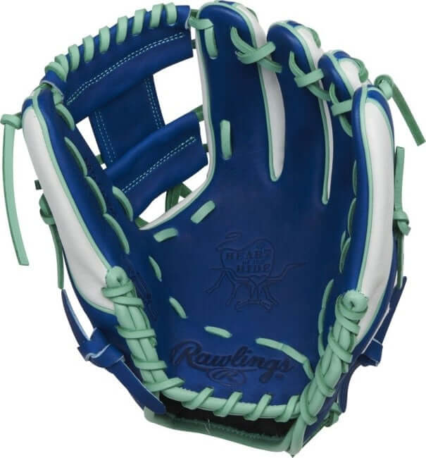 Rawlings Heart of the Hide R2G 11.5-inch I-web glove with mint laces, royal/white design, and ultra-premium steer-hide leather.