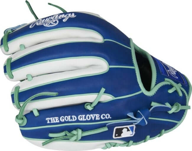 Rawlings Heart of the Hide R2G 11.5-inch I-web glove with mint laces, royal/white design, and ultra-premium steer-hide leather.