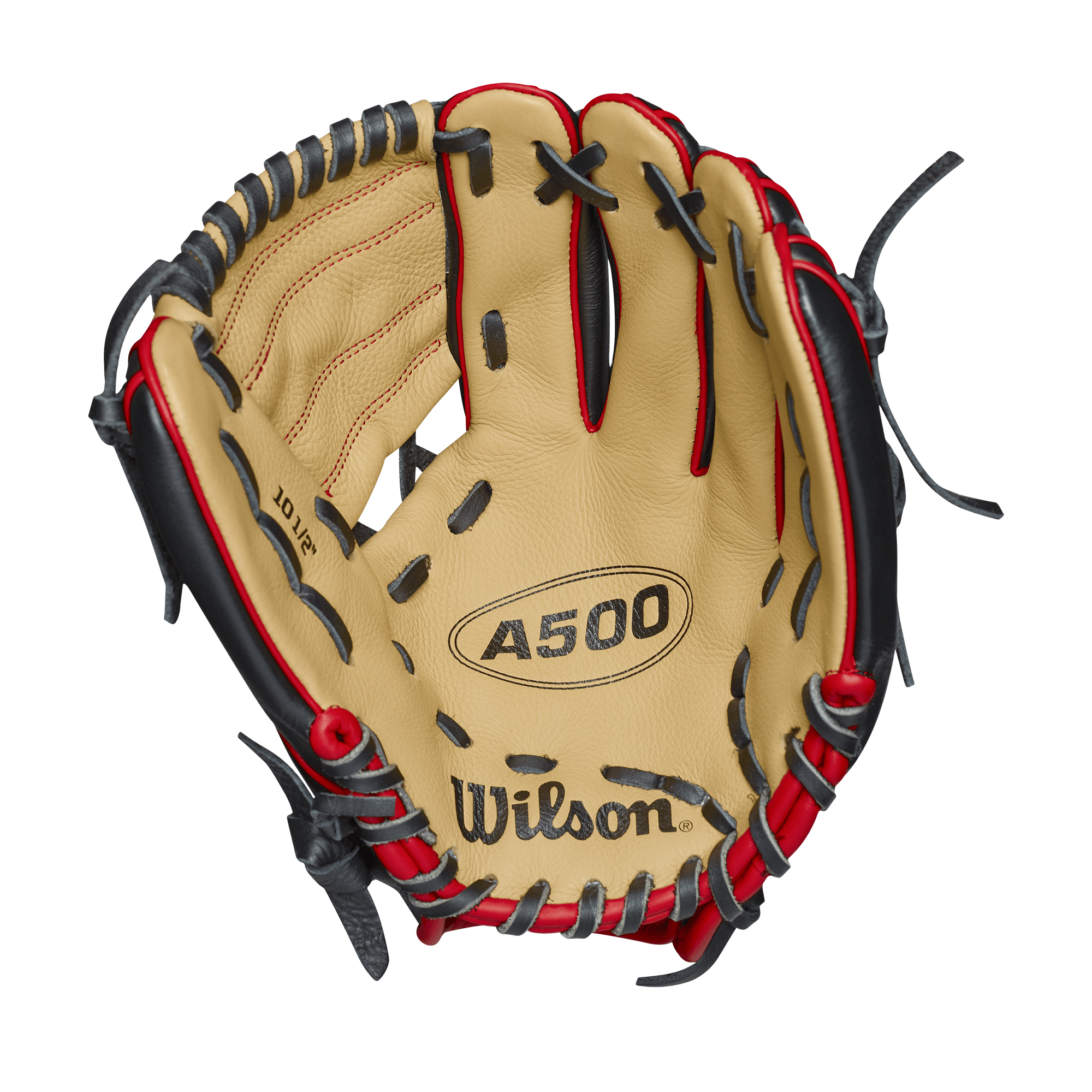 Wilson A500 10.5-Inch Youth Baseball Glove in Blonde, Black, and Red