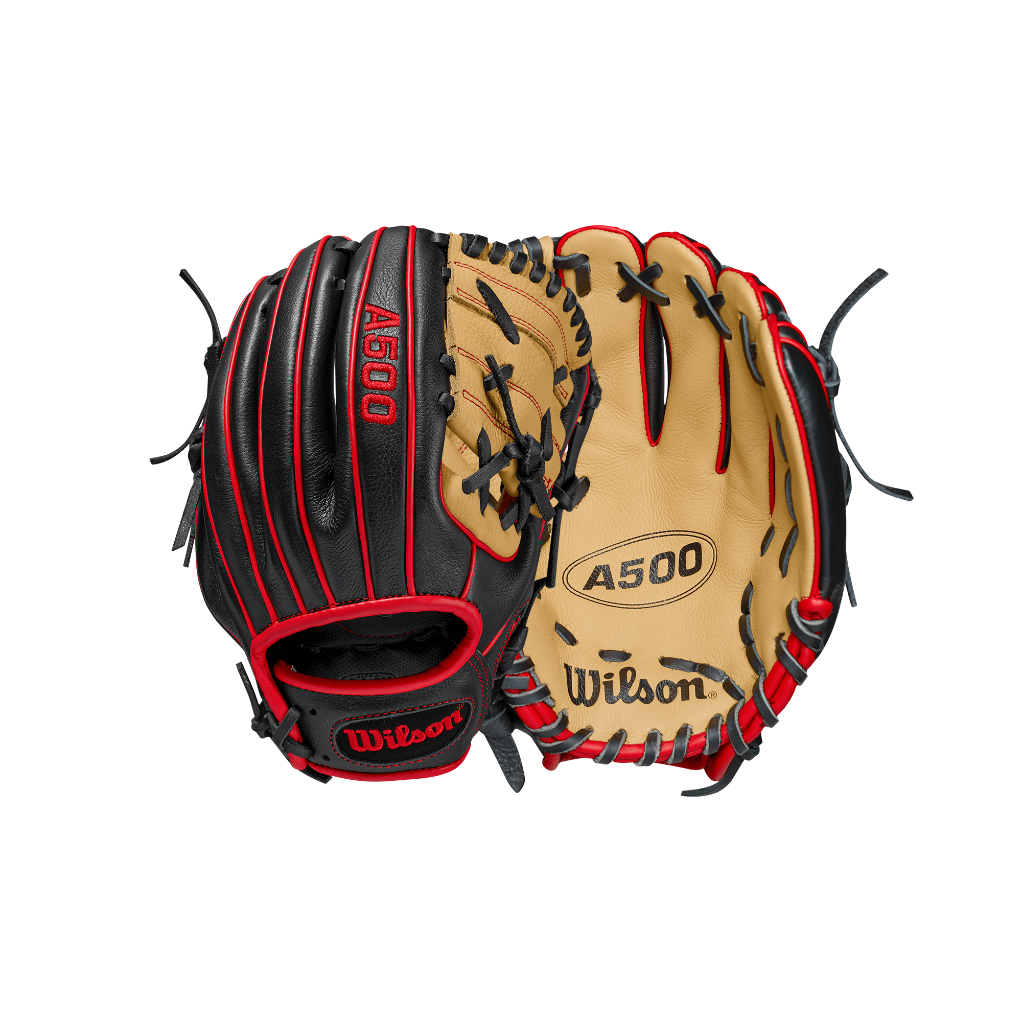 Wilson A500 10.5-Inch Youth Baseball Glove in Blonde, Black, and Red