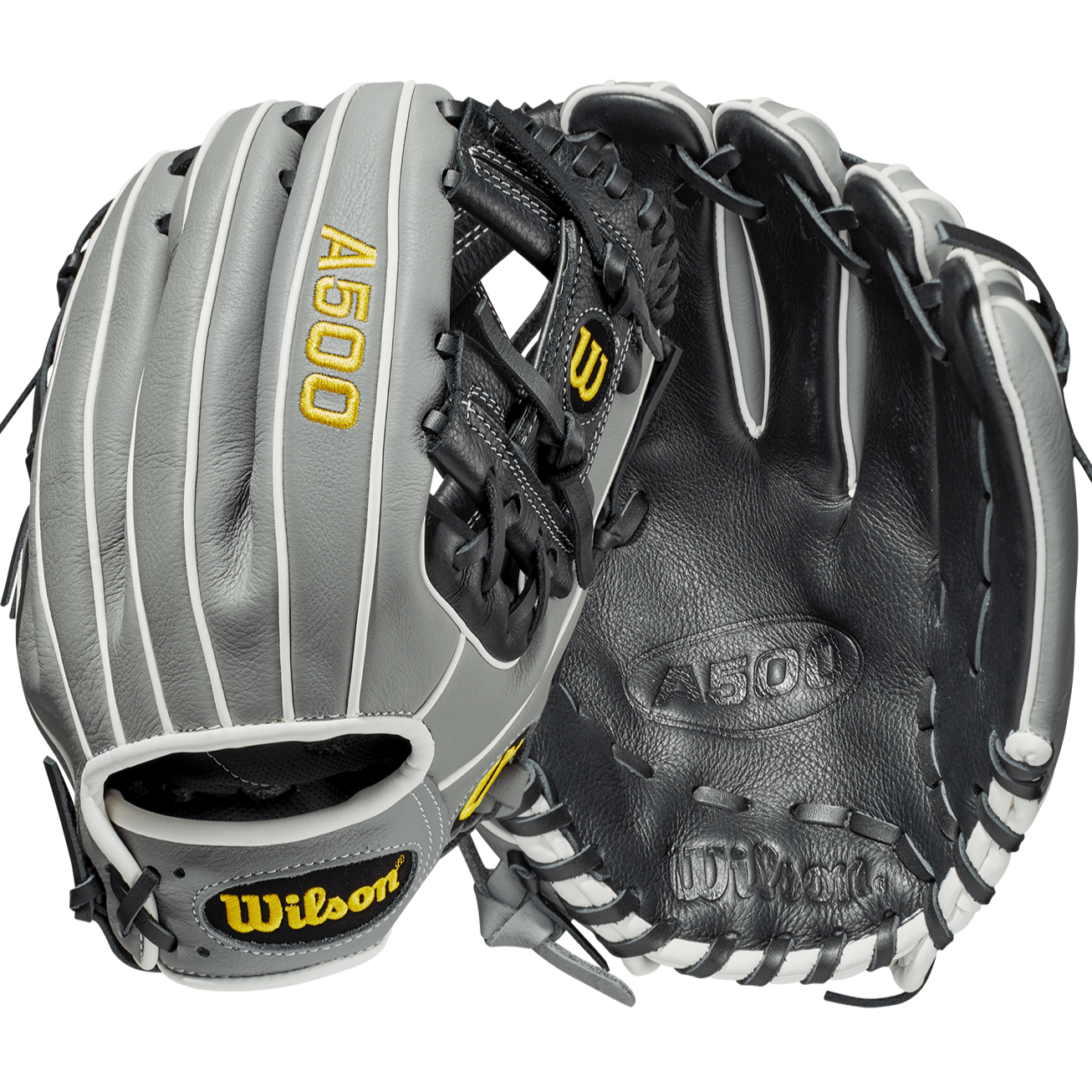 Wilson A500 11-inch baseball glove, black/grey/white, with H-Web design and smaller hand opening