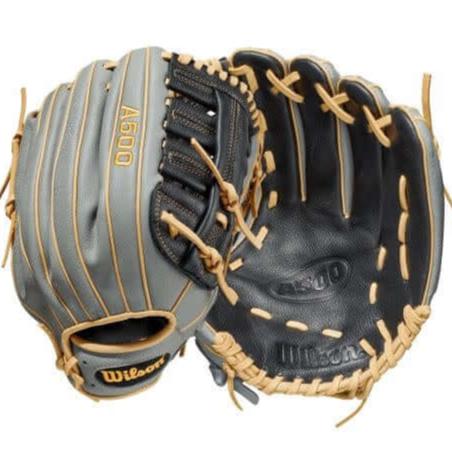 Wilson A500 12.5-inch youth baseball glove, black/grey/blonde, all-leather, for outfield, left-hand throw