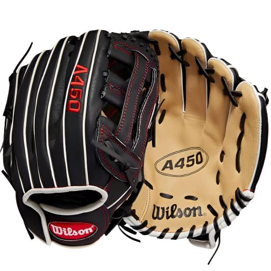 Wilson A450 11-inch baseball glove, left-hand throw, blonde/black/white & red, Quick Fit Wrist feature.