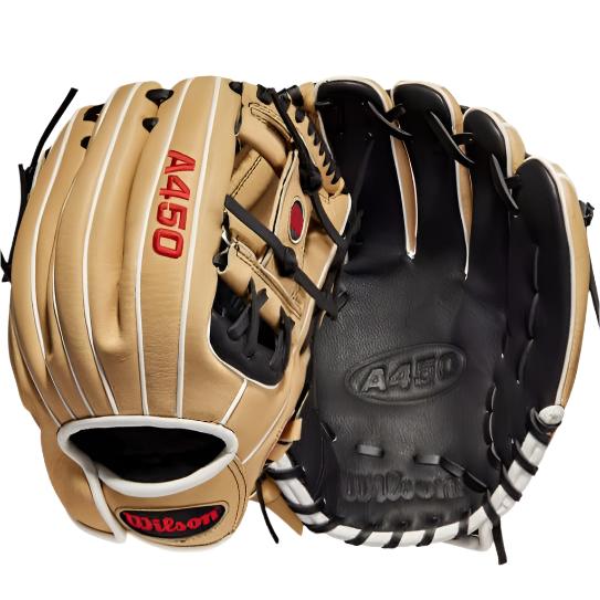 Wilson A450 Advisory Staff 11.5 LHT Baseball Glove, Black/Blonde/Red & White