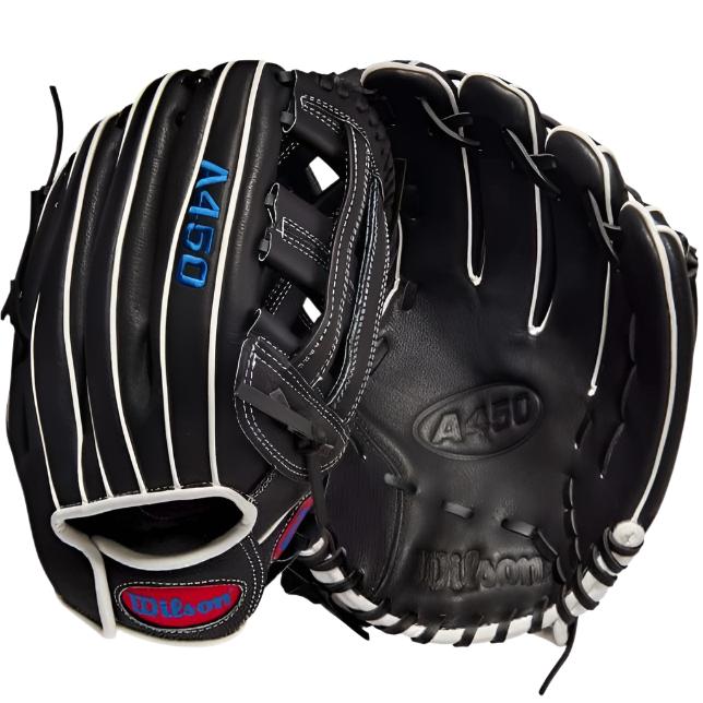 Wilson A450 12-inch Outfield Glove in Black and White with Dual Post Web, designed for young players.