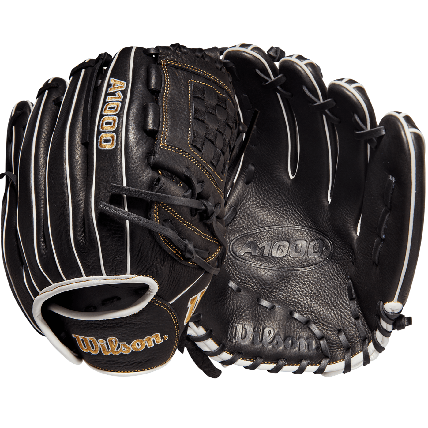 Wilson A1000 Fastpitch P12 black leather glove with closed two-piece weave web for utility players, 12-inch