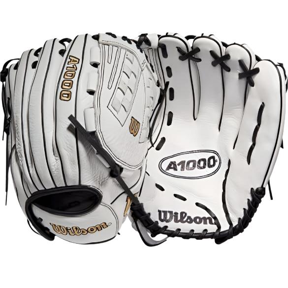 Wilson A1000 Fastpitch glove, 12.5 inch, white/white/black & blonde, full-grain leather, LHT