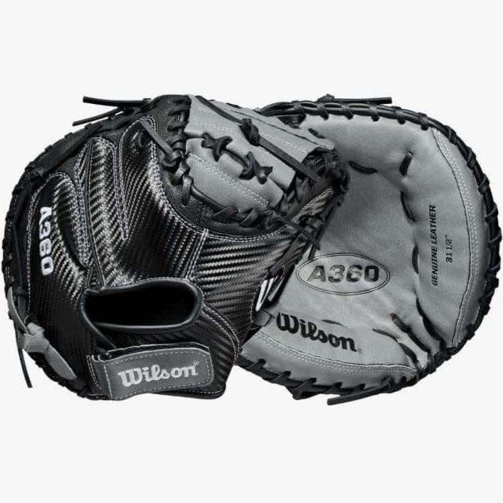 Black and white Wilson A360 31.5 catcher’s mitt with CarbonLite Shell for youth players