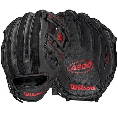 Wilson A200 10BR youth baseball glove, black and red, with smaller hand opening for improved fit.