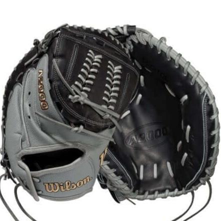 A2000FP CM2134 black and grey 34-inch catchers mitt with drawstring closure and modified web