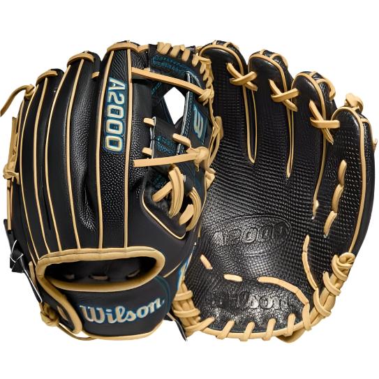 Wilson A2000 Pedroia Fit DP15 glove with Spin Control Technology and H-Web, 11.5 inches, black and blonde color