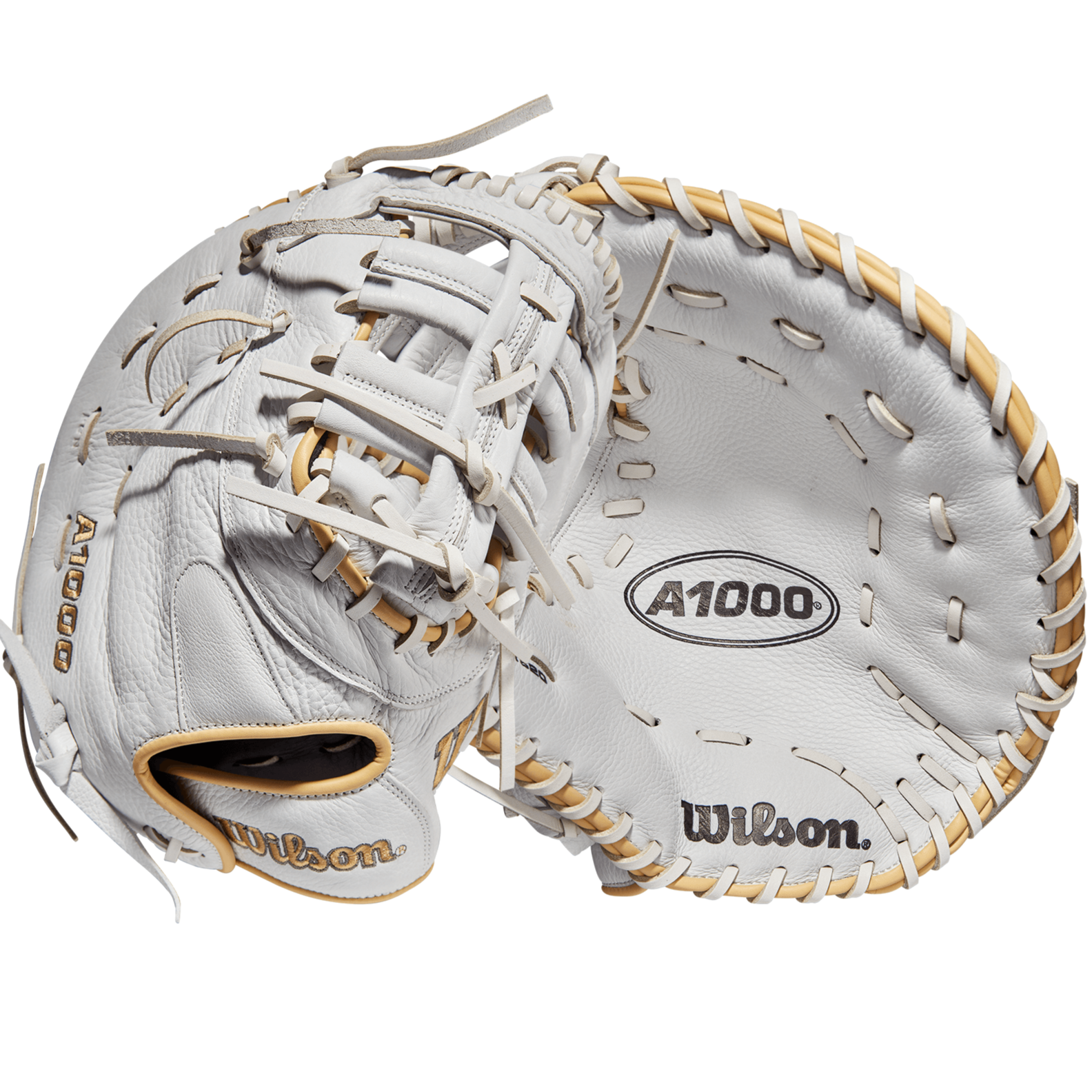 Wilson A1000 Fastpitch 1620 1B Mitt 12.5, White/Blonde/Grey, Single Post & 3 Bar Web