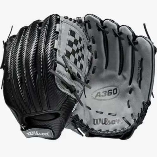 Wilson A360 12.5 youth baseball glove, black/carbon/white, LHT, lightweight CarbonLite Shell.