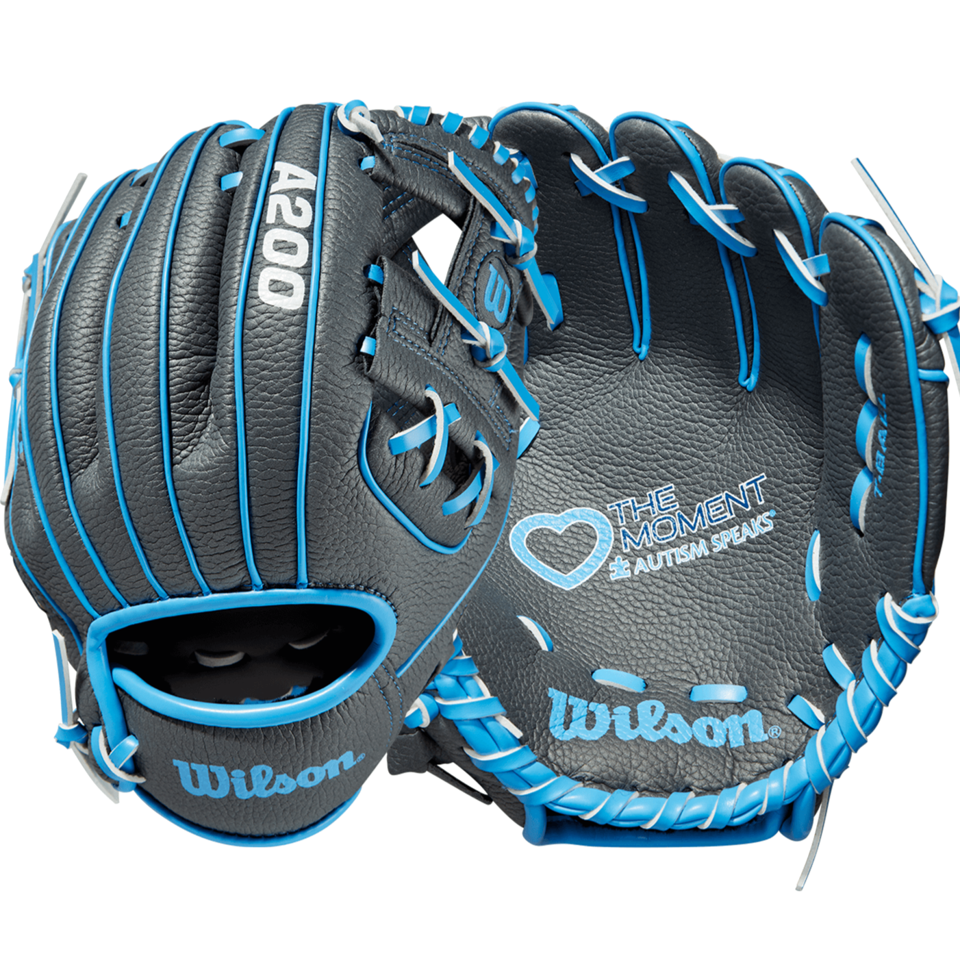 Wilson A200 10-inch youth baseball glove in grey and blue